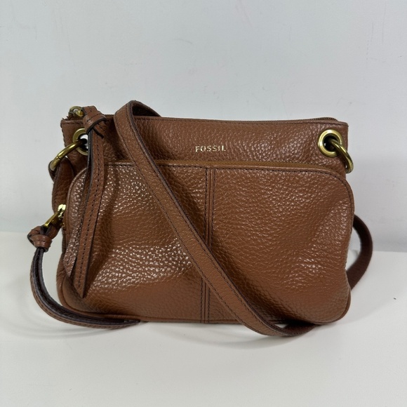 Fossil Brown Pebble Leather Shoulder Crossbody Zip Bag 9"x 6.5" Adjustable Strap - Picture 1 of 14